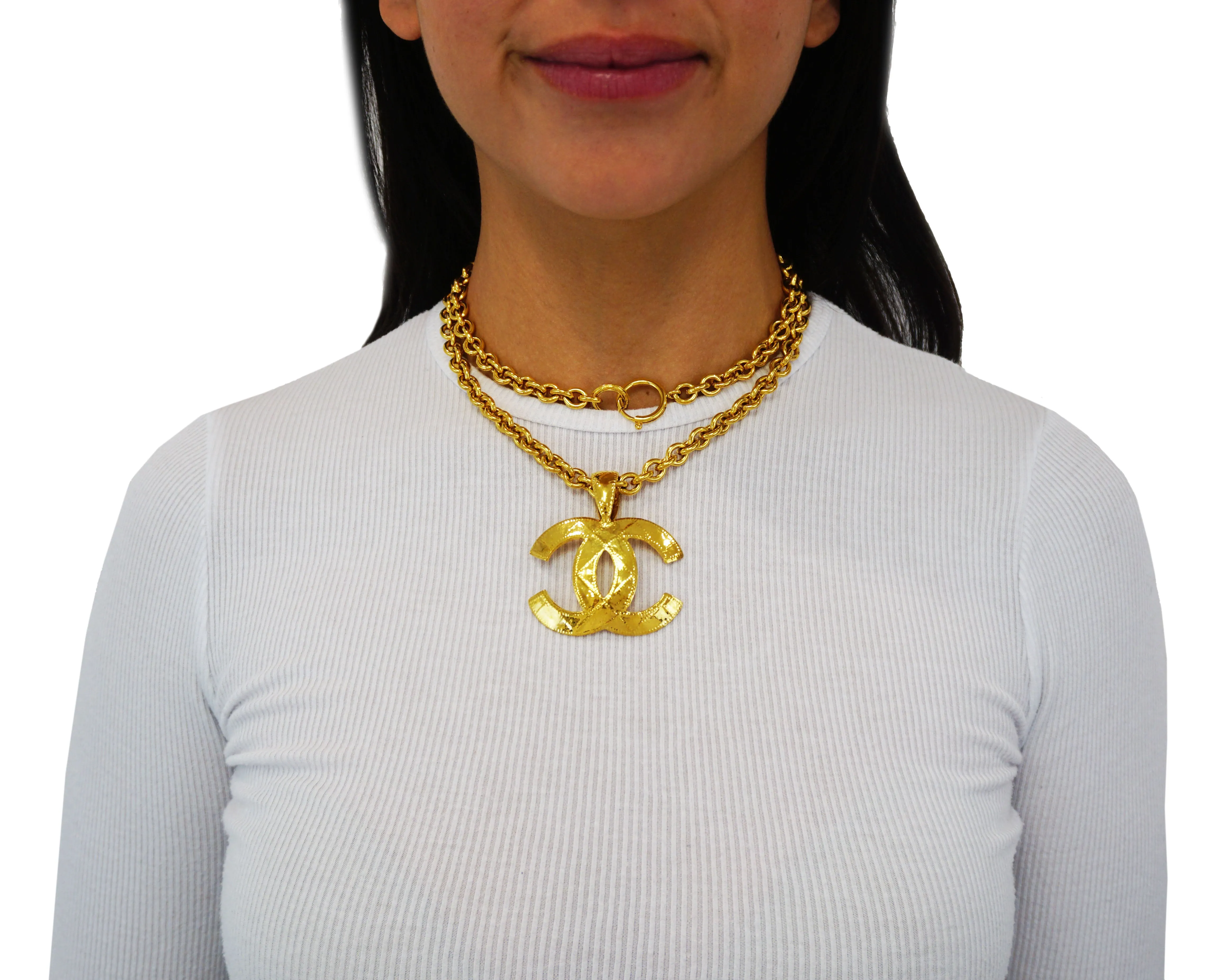 Chanel Vintage Rare XL Quilted Logo Hammered Necklace