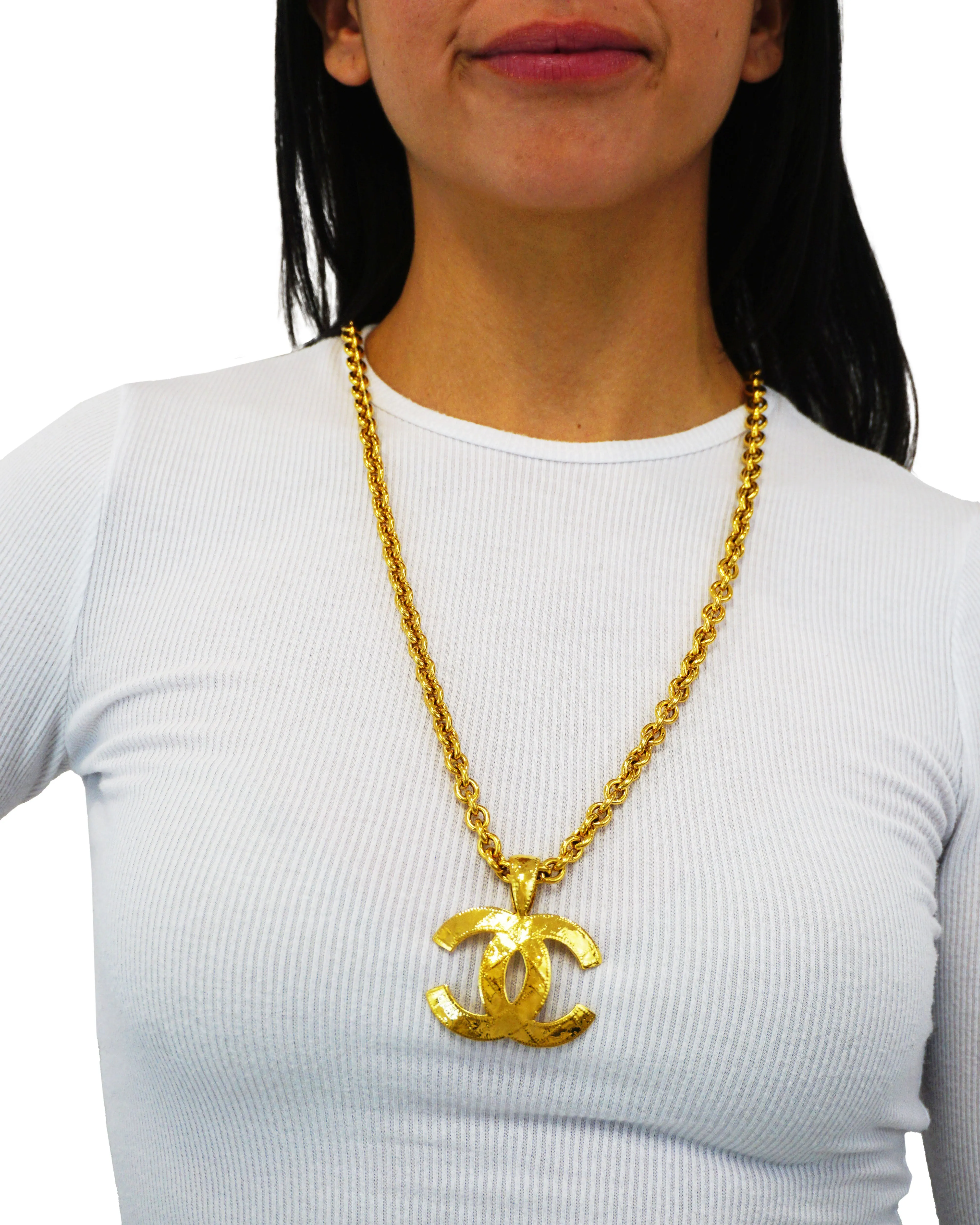 Chanel Vintage Rare XL Quilted Logo Hammered Necklace