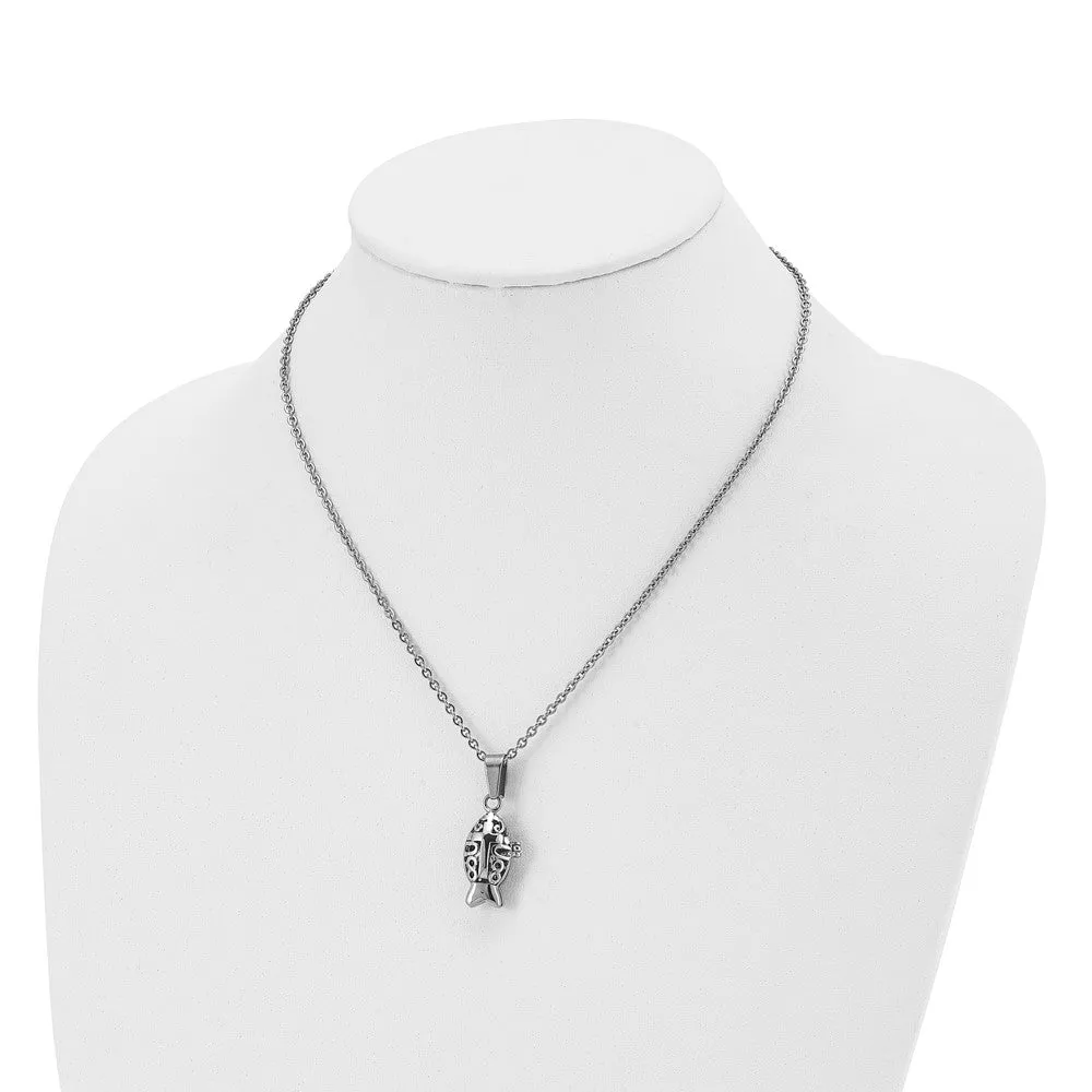 Chisel Stainless Steel Polished and Antiqued Magnetic Fish Prayer Box on a 18 inch Cable Chain Necklace
