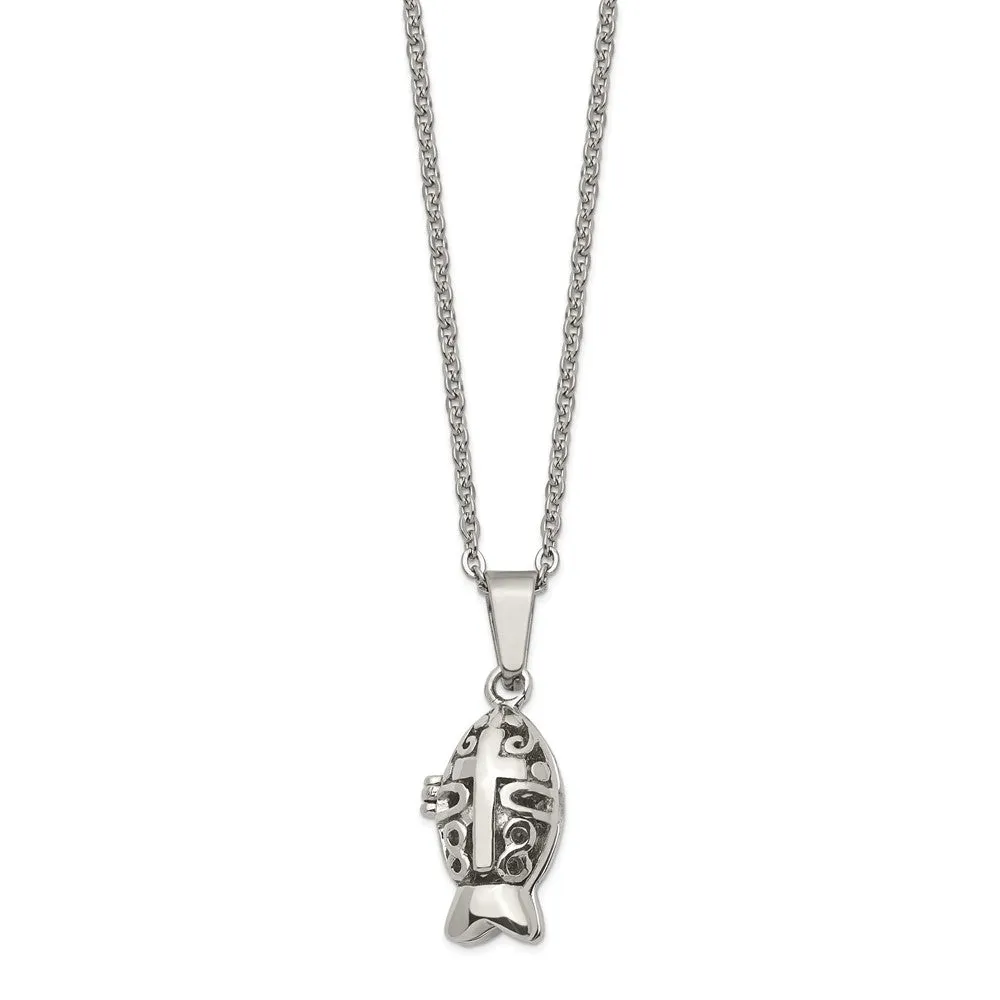 Chisel Stainless Steel Polished and Antiqued Magnetic Fish Prayer Box on a 18 inch Cable Chain Necklace