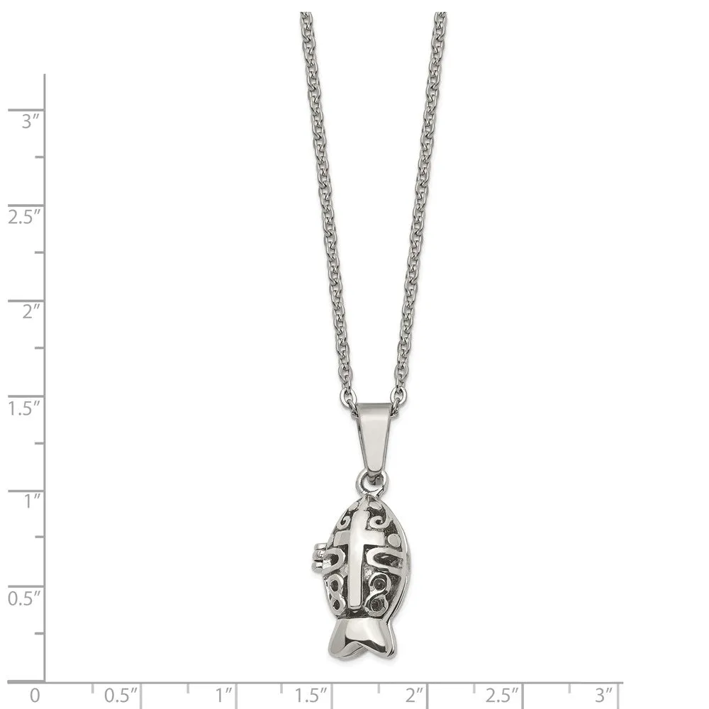 Chisel Stainless Steel Polished and Antiqued Magnetic Fish Prayer Box on a 18 inch Cable Chain Necklace