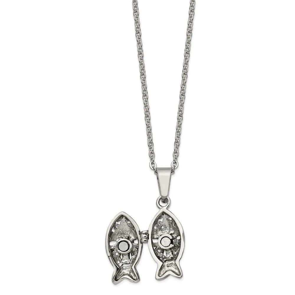 Chisel Stainless Steel Polished and Antiqued Magnetic Fish Prayer Box on a 18 inch Cable Chain Necklace