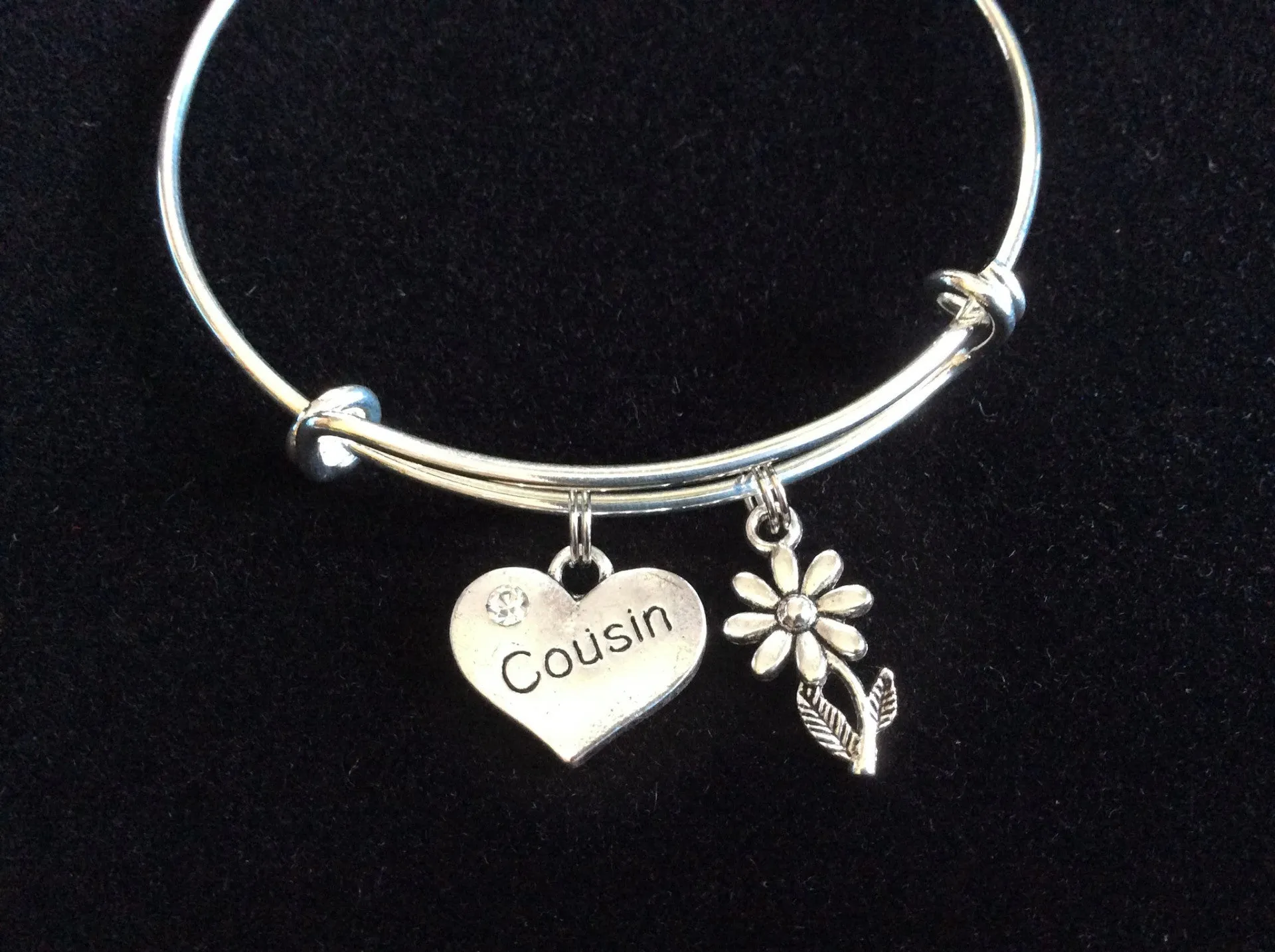 Cousin Heart and crystal with Daisy Charm on a Silver Expandable Bangle Bracelet Meaningful Reunion Gift