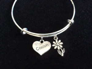 Cousin Heart and crystal with Daisy Charm on a Silver Expandable Bangle Bracelet Meaningful Reunion Gift