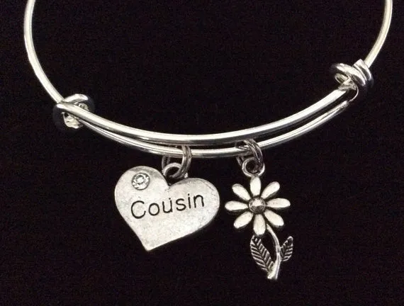 Cousin Heart and crystal with Daisy Charm on a Silver Expandable Bangle Bracelet Meaningful Reunion Gift