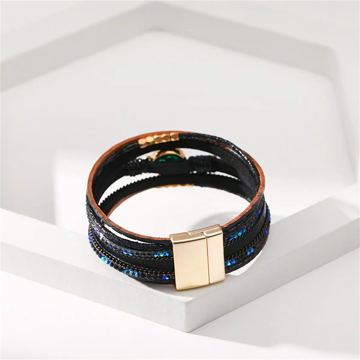 Cubic Zirconia & Black Polystyrene 18K Gold-Plated Multi-Strand Bracelet