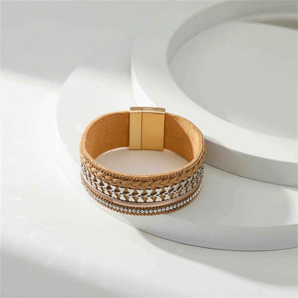 Cubic Zirconia & Coffee Polystyrene Two-Tone Curb-Chain Heart Bangle