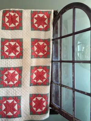 Early 1900s Ribbon Star Hand Sitched Quilt