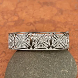 Estate 14KT White Gold Filigree 2.25 CT Pave Diamond Art Deco Bangle Cuff Bracelet