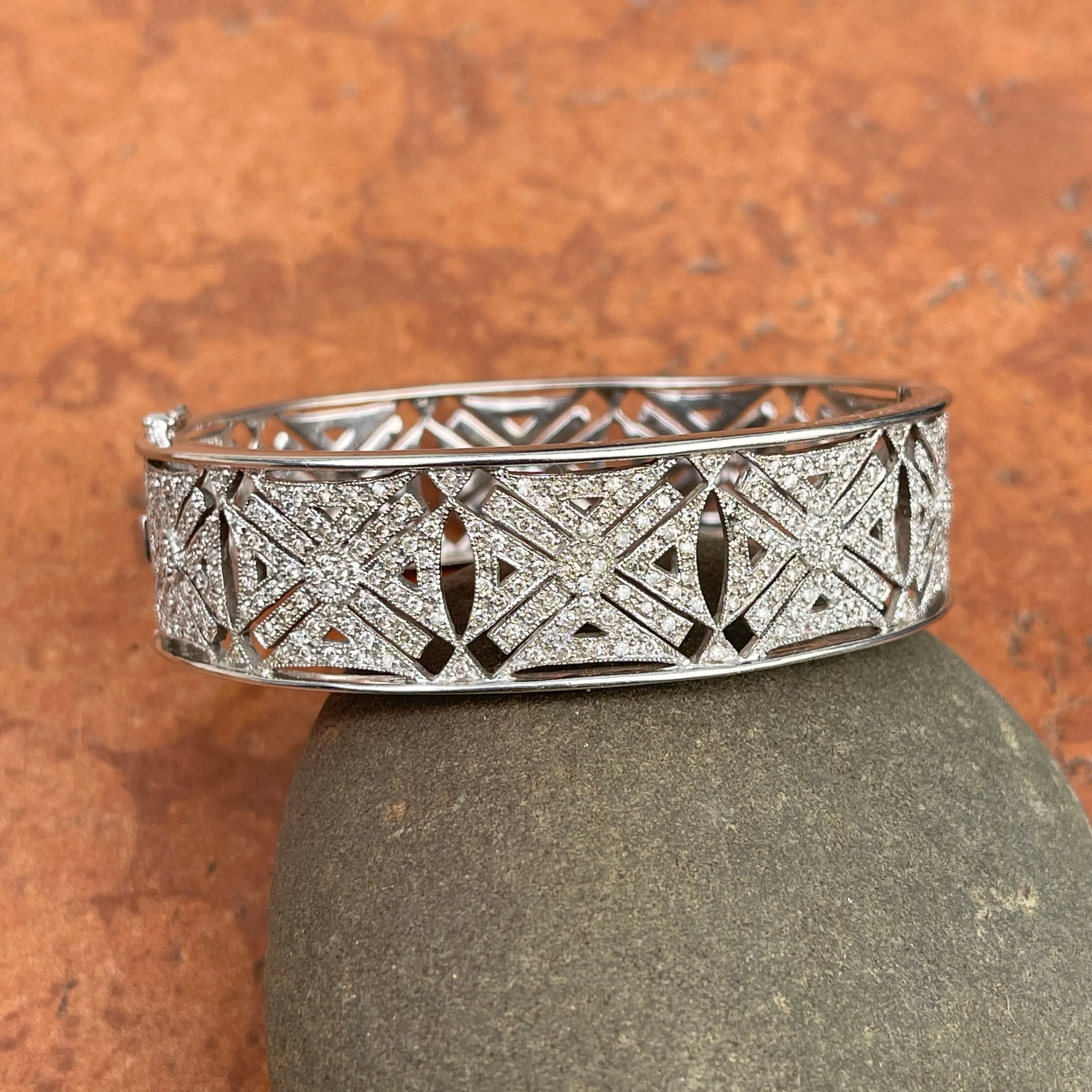 Estate 14KT White Gold Filigree 2.25 CT Pave Diamond Art Deco Bangle Cuff Bracelet