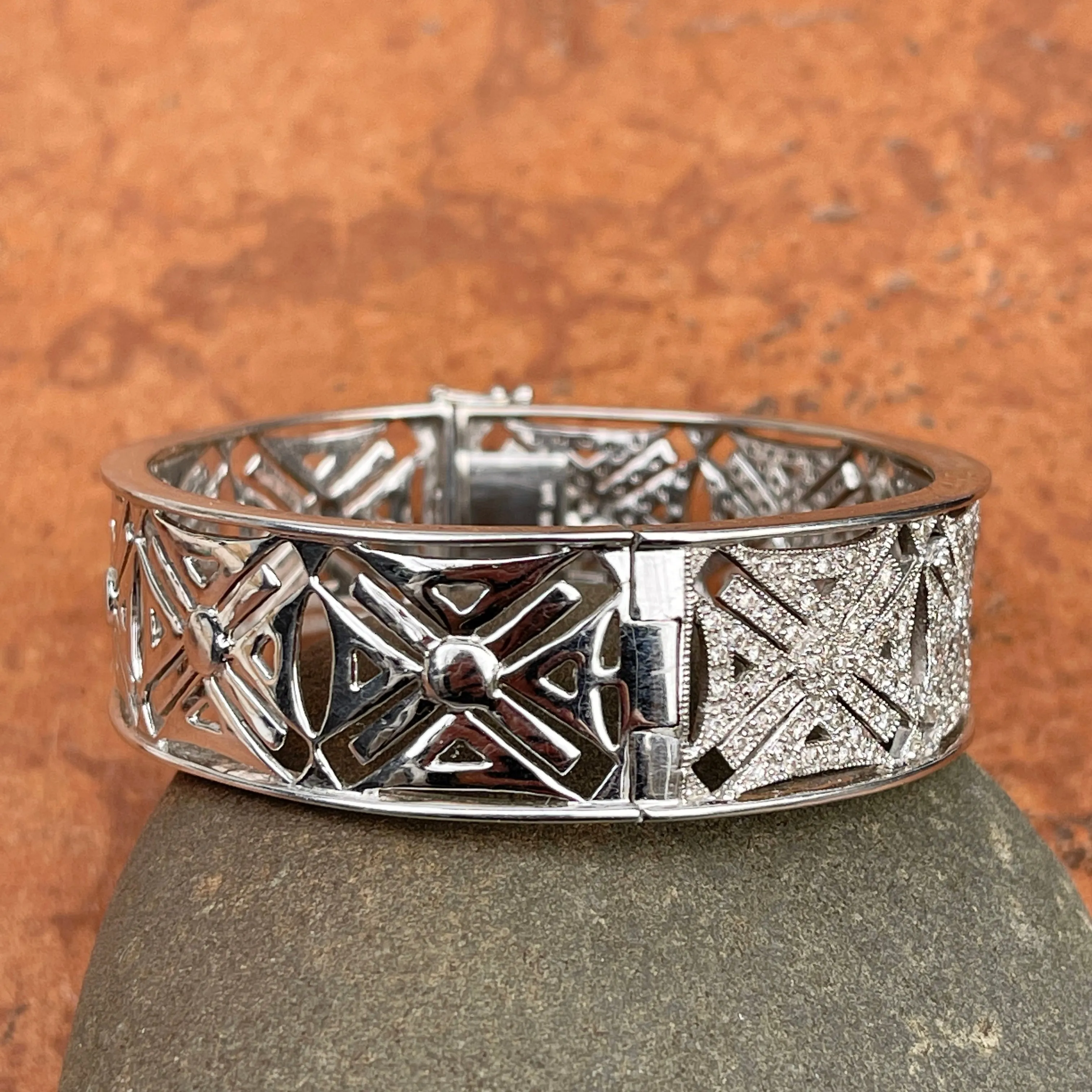 Estate 14KT White Gold Filigree 2.25 CT Pave Diamond Art Deco Bangle Cuff Bracelet