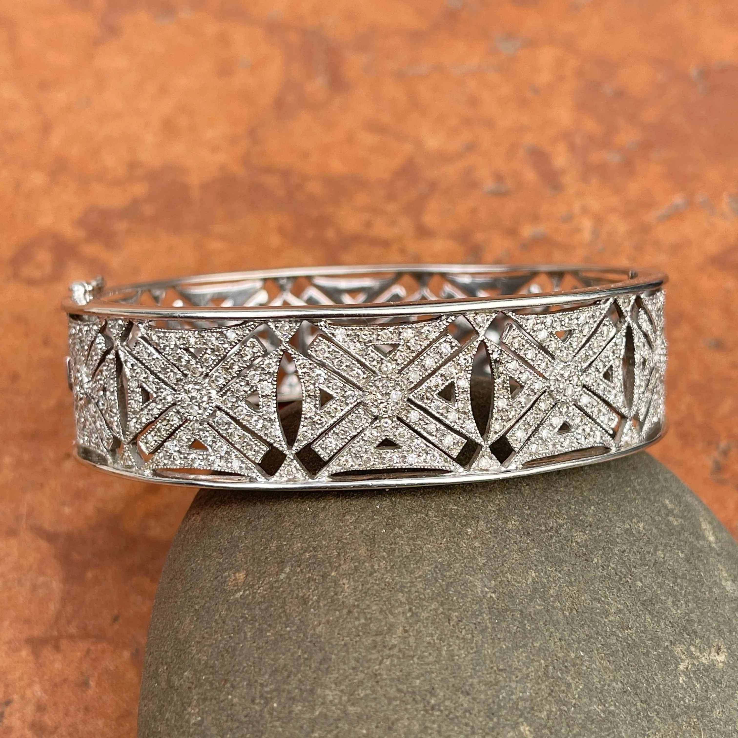 Estate 14KT White Gold Filigree 2.25 CT Pave Diamond Art Deco Bangle Cuff Bracelet