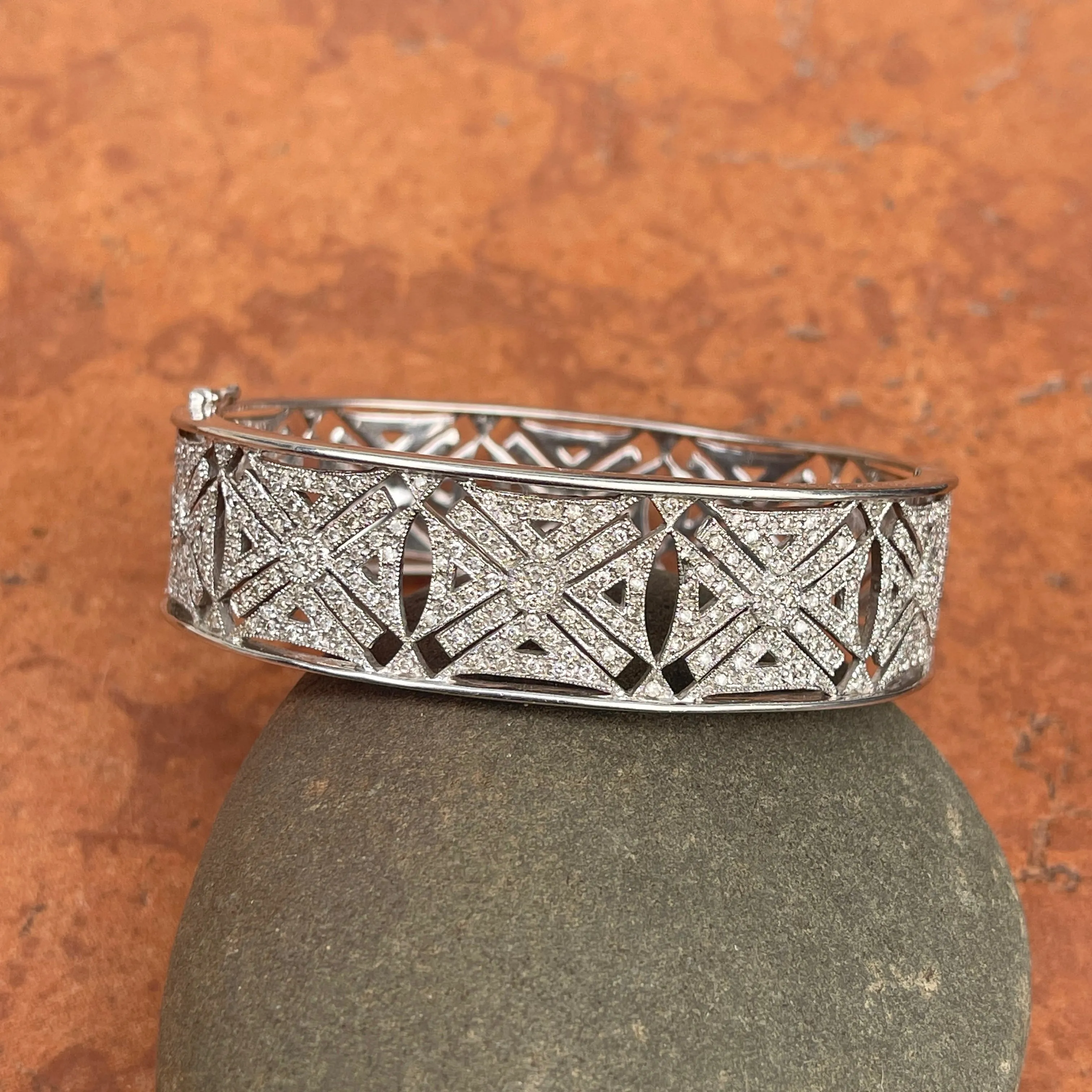 Estate 14KT White Gold Filigree 2.25 CT Pave Diamond Art Deco Bangle Cuff Bracelet