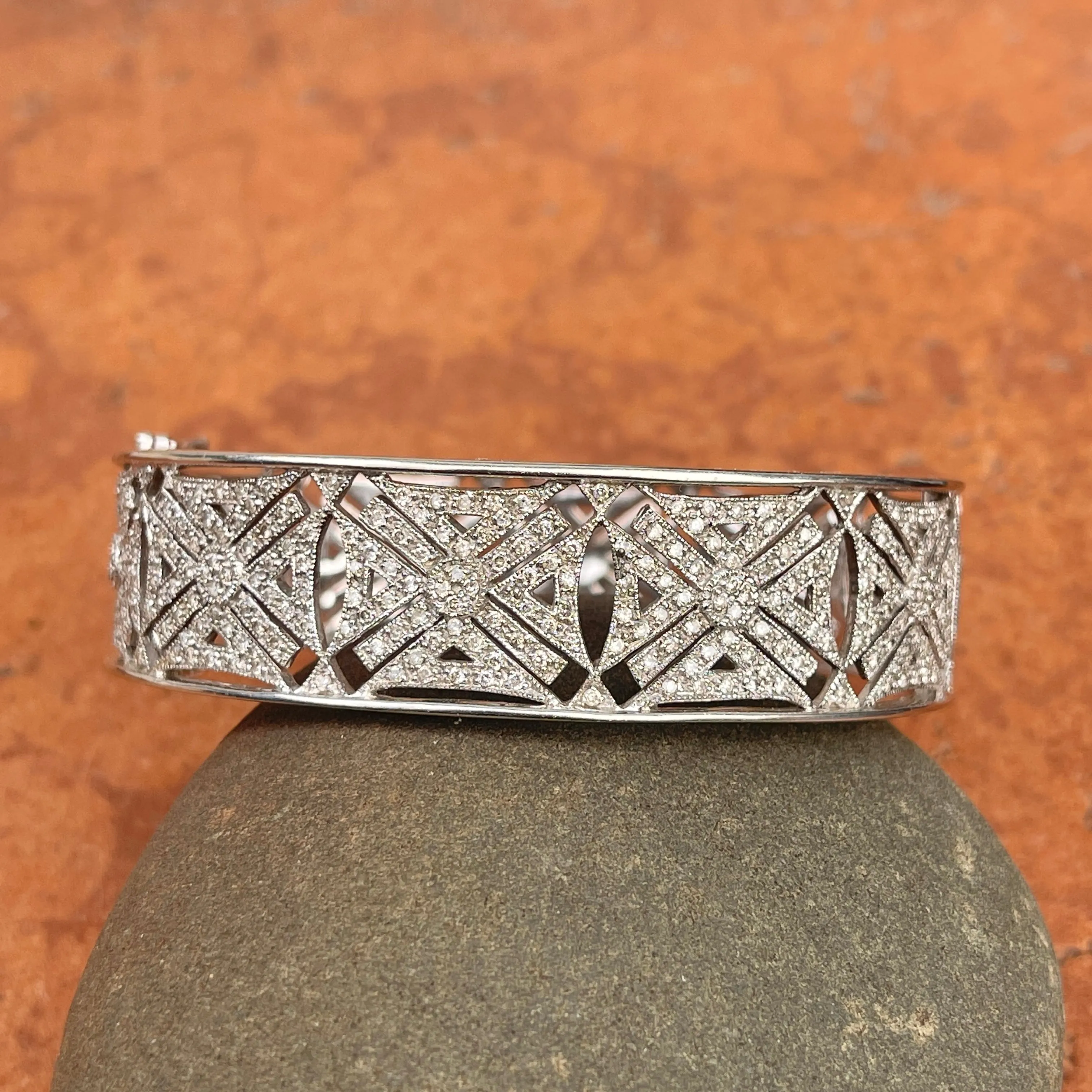Estate 14KT White Gold Filigree 2.25 CT Pave Diamond Art Deco Bangle Cuff Bracelet