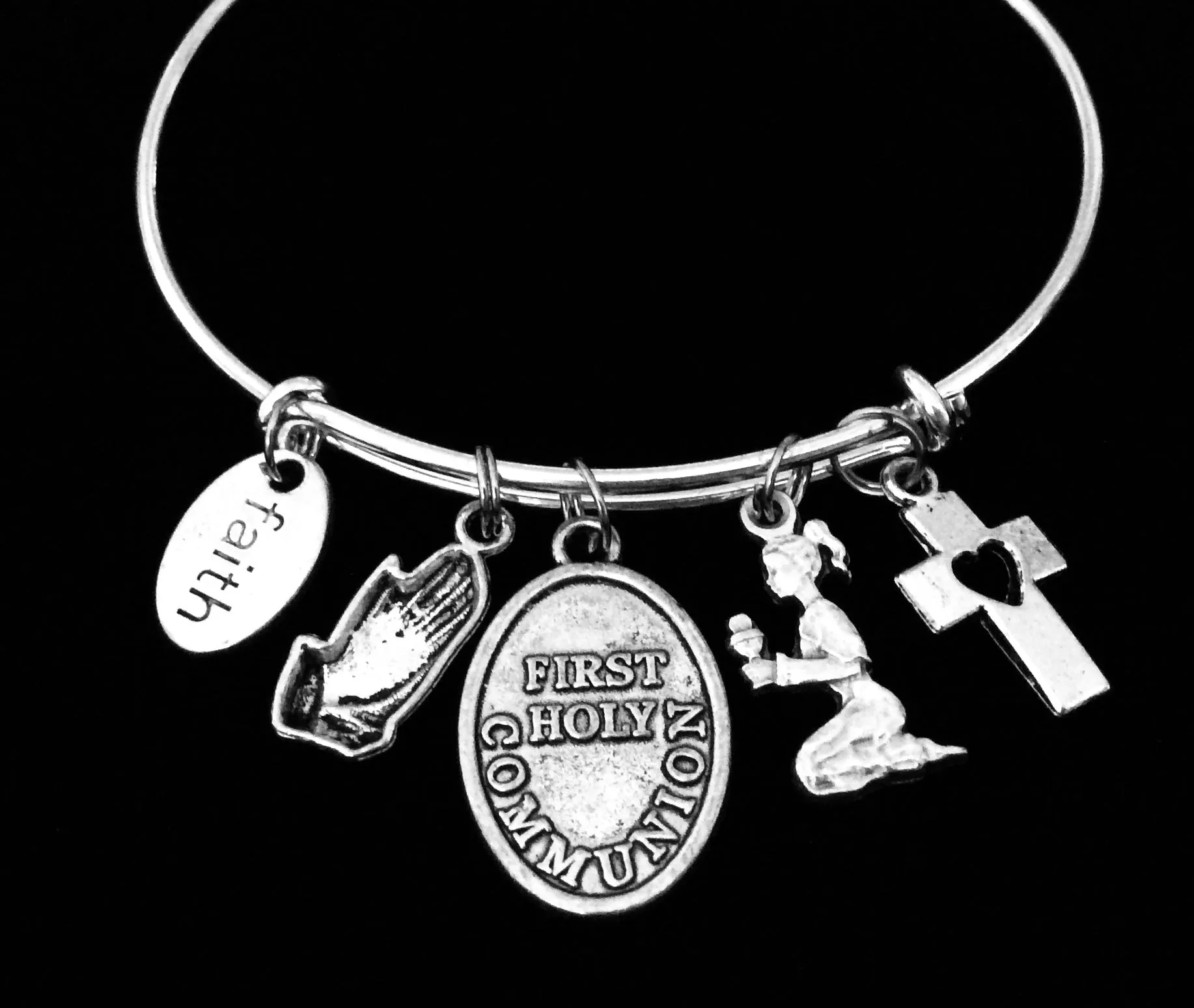 First Holy Communion Jewelry Adjustable Bracelet Expandable Silver Bangle Trendy Faith Cross Girl Praying Hands