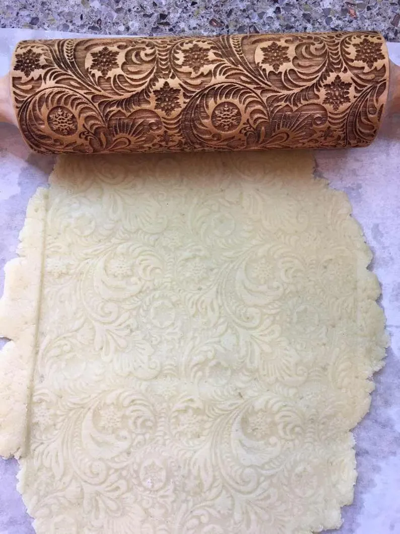 Frosty Flowers Embossing Rolling Pin, Christmas Gift,  Textured Cookie, Clay Stamp, Pottery Roller