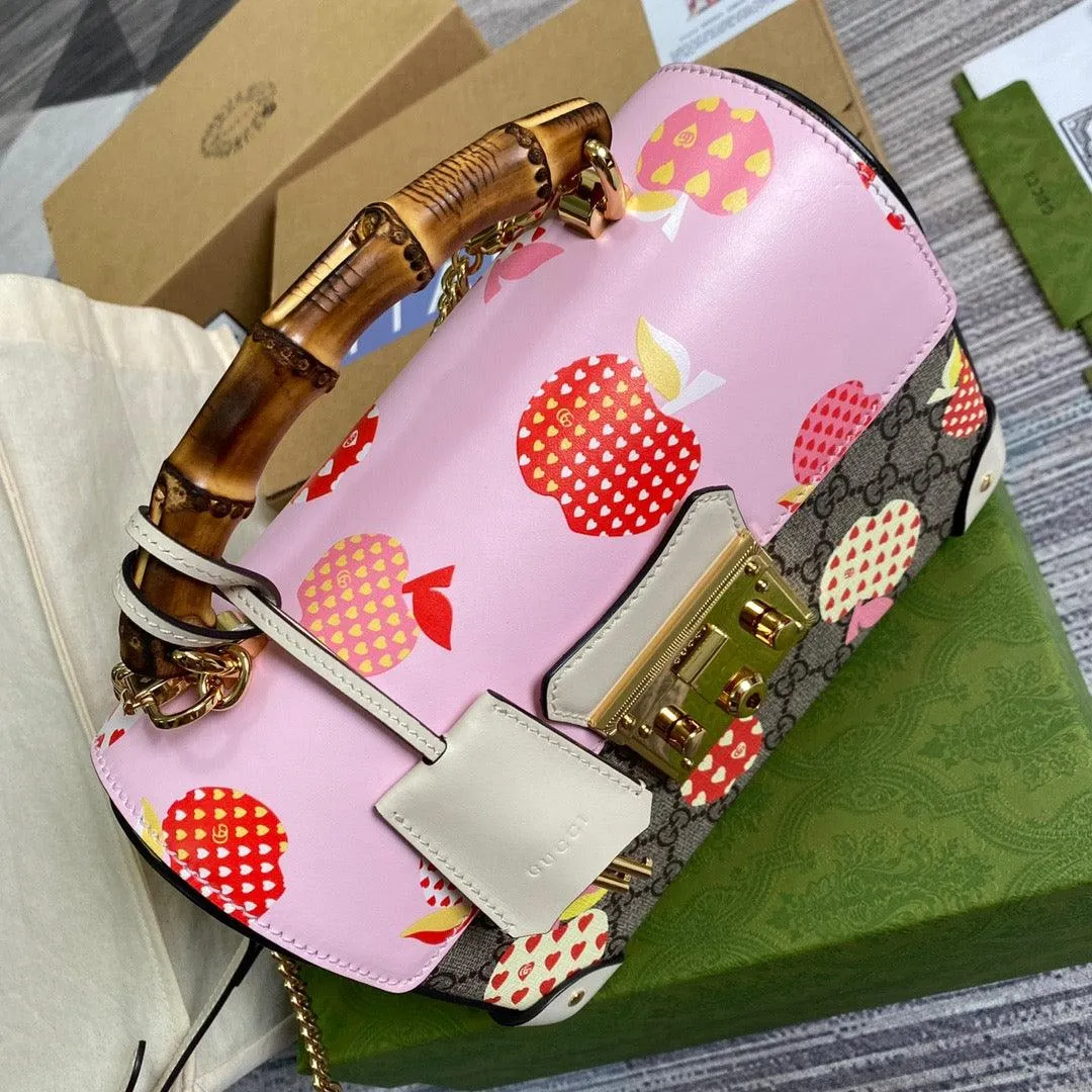 gg Padlock gg Small amboo Strawberry Shoulder Bag Beige For Women, Women&#8217;s Bags 9.5in/24cm gg