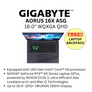 GIGABYTE AORUS 16X ASG 16" QHD  165hz/ i7-14650HX/ RTX 4070/ 1TB SSD/ 16GB DDR5 5600