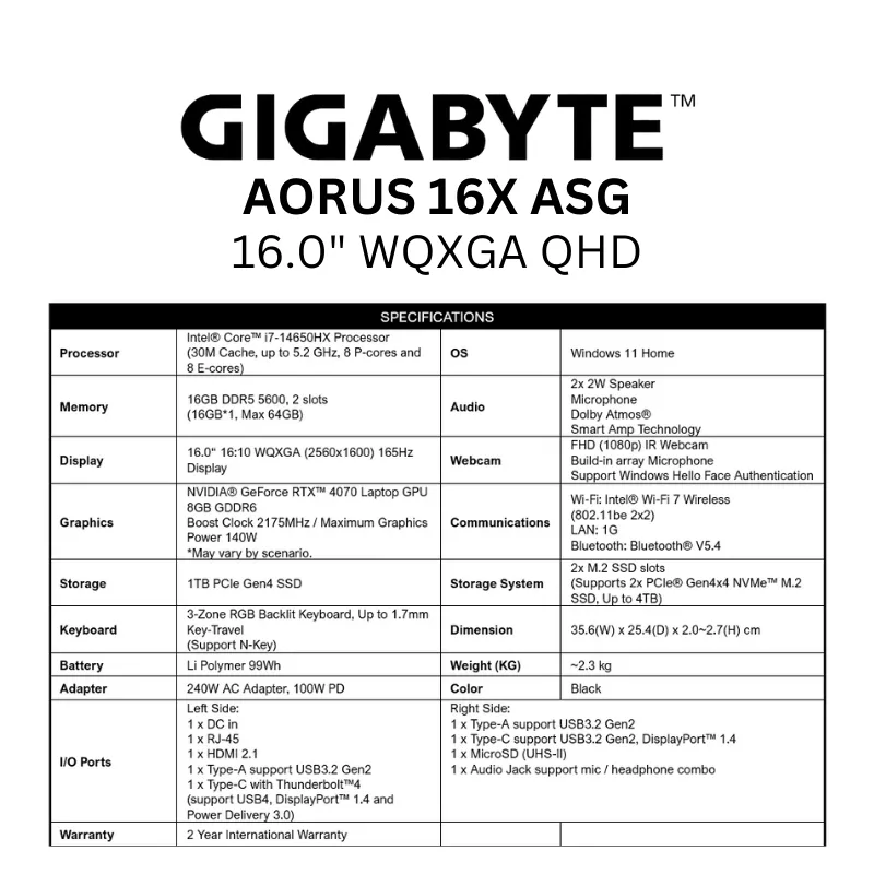 GIGABYTE AORUS 16X ASG 16" QHD  165hz/ i7-14650HX/ RTX 4070/ 1TB SSD/ 16GB DDR5 5600