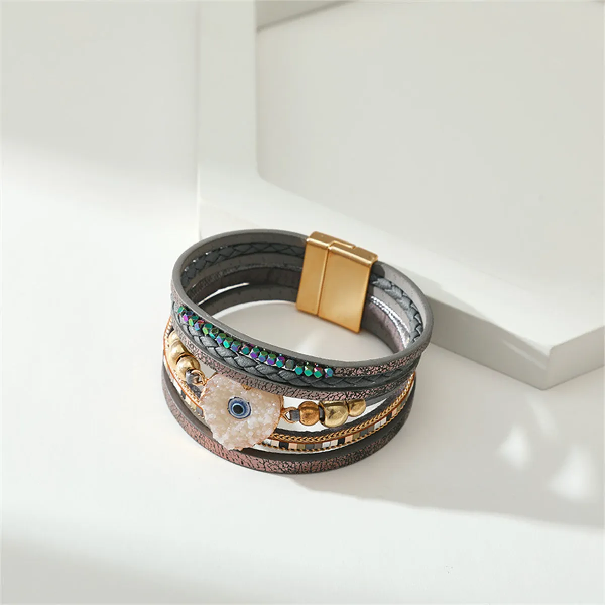 Gray & 18K Gold-Plated Heart Evil Eye Layered Bracelet