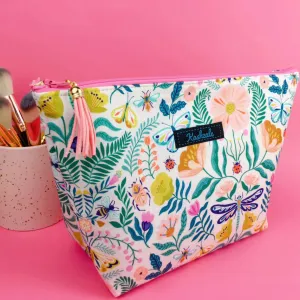 Green and Cream Floral Large Makeup Bag.
