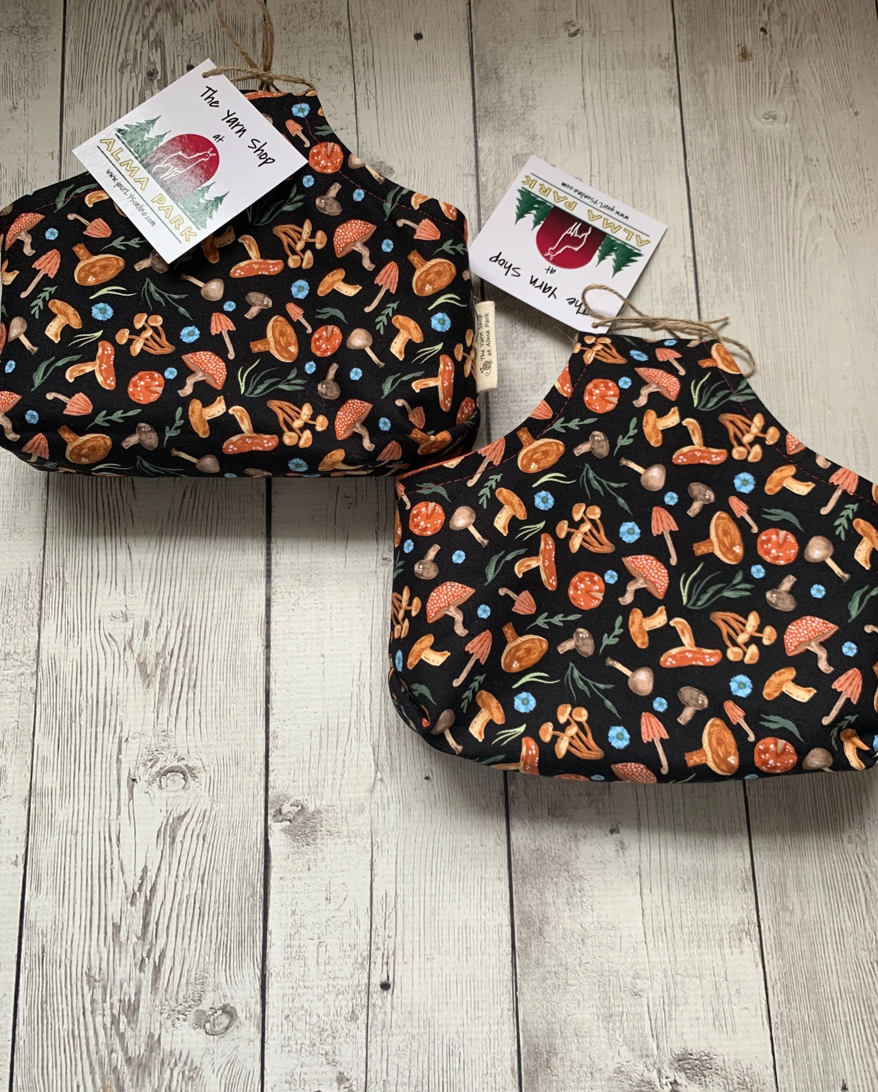 Handle Project Bag by Rose (Small)- Perfect for SOCK Knitters -  MUSHROOMS with Rust