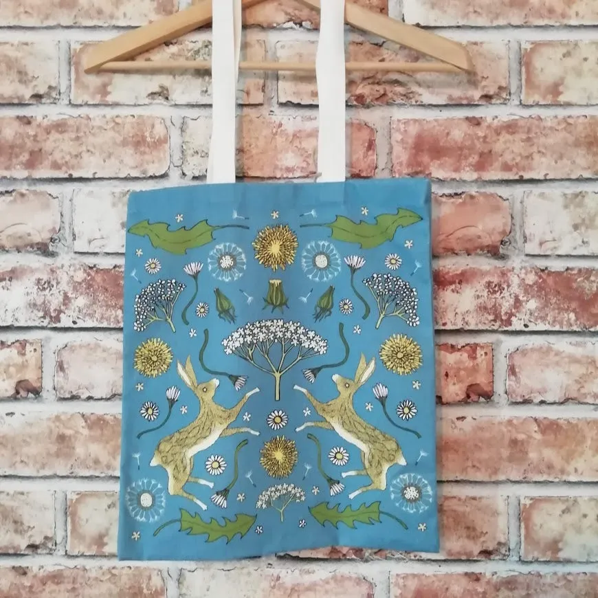 Hares In Spring Tote Bag Light Blue