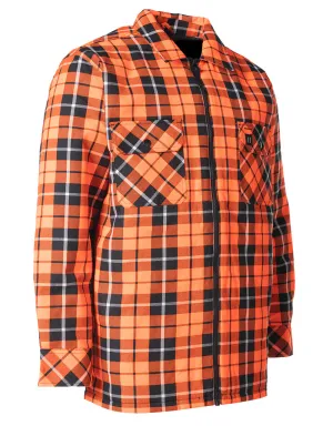 Hi Vis Orange Tartan Plaid Quilted Flannel Shirt Jacket with Front Zip