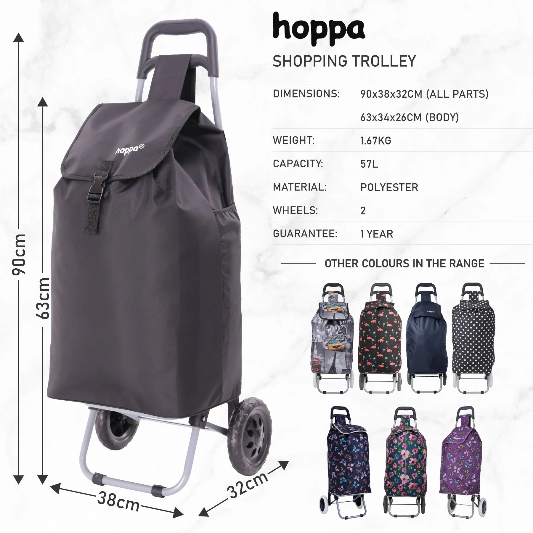 Hoppa 57Ltr Lightweight Shopping Trolley 2024 model, Hard Wearing & Foldaway Push/Pull Cart for Easy Storage With 1 Year Guarantee