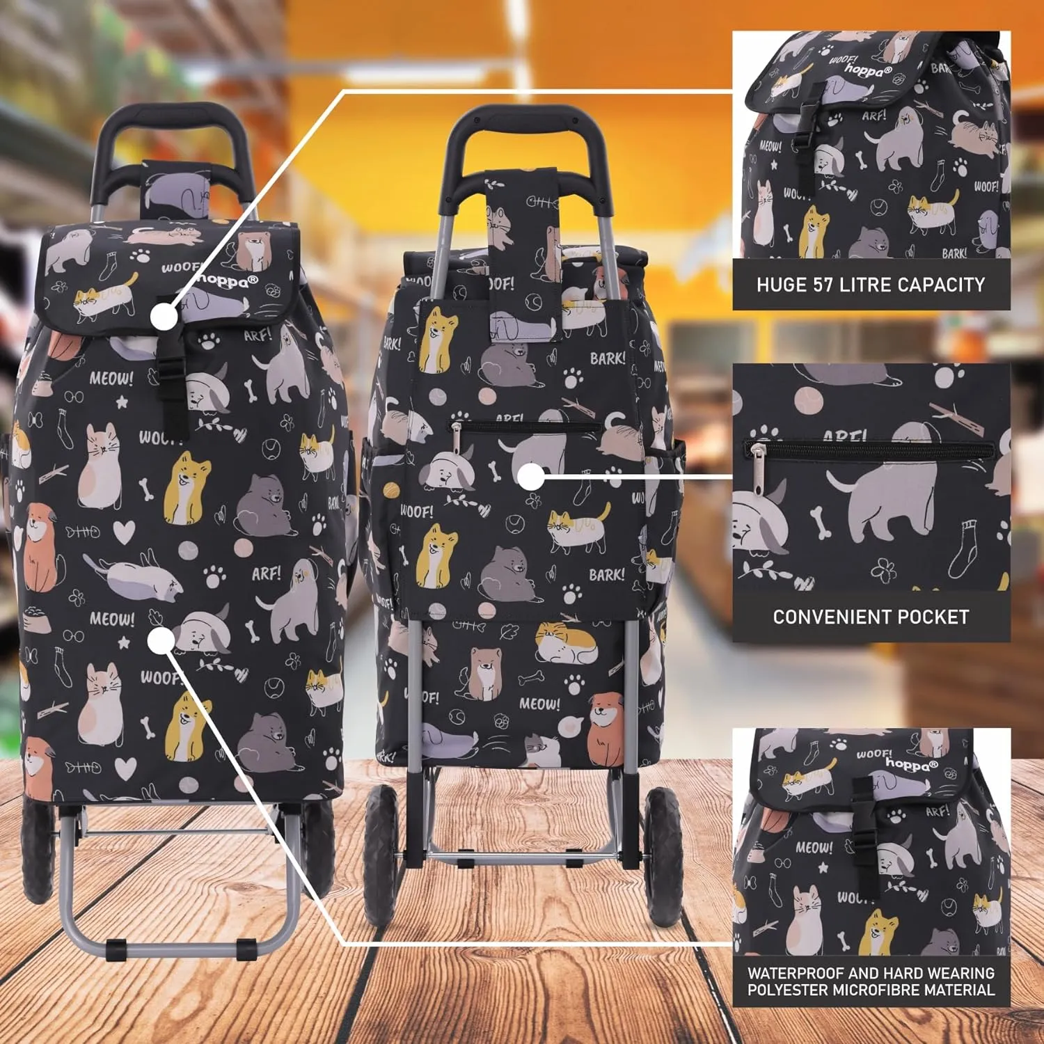 Hoppa 57Ltr Lightweight Shopping Trolley 2024 model, Hard Wearing & Foldaway Push/Pull Cart for Easy Storage With 1 Year Guarantee