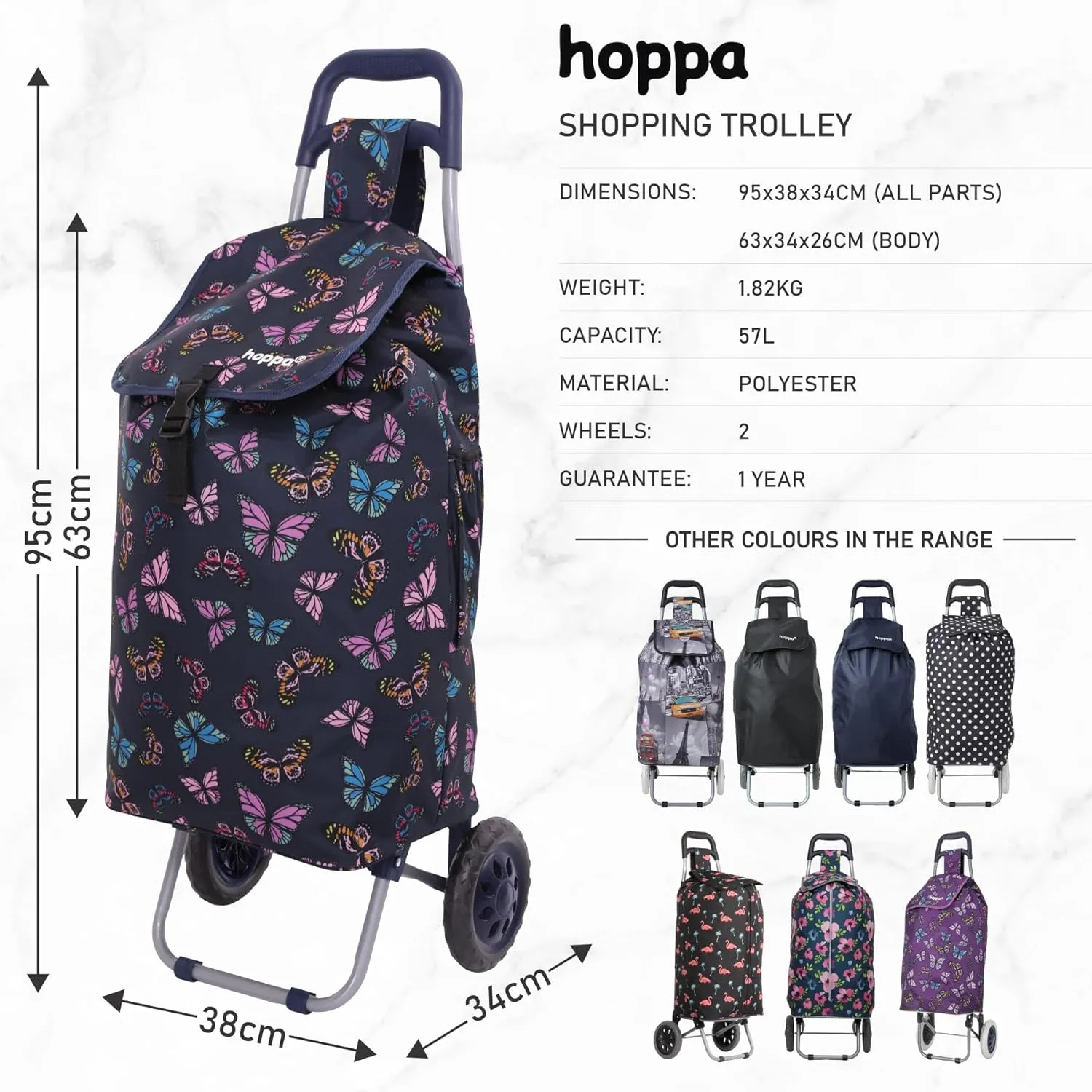 Hoppa 57Ltr Lightweight Shopping Trolley 2024 model, Hard Wearing & Foldaway Push/Pull Cart for Easy Storage With 1 Year Guarantee