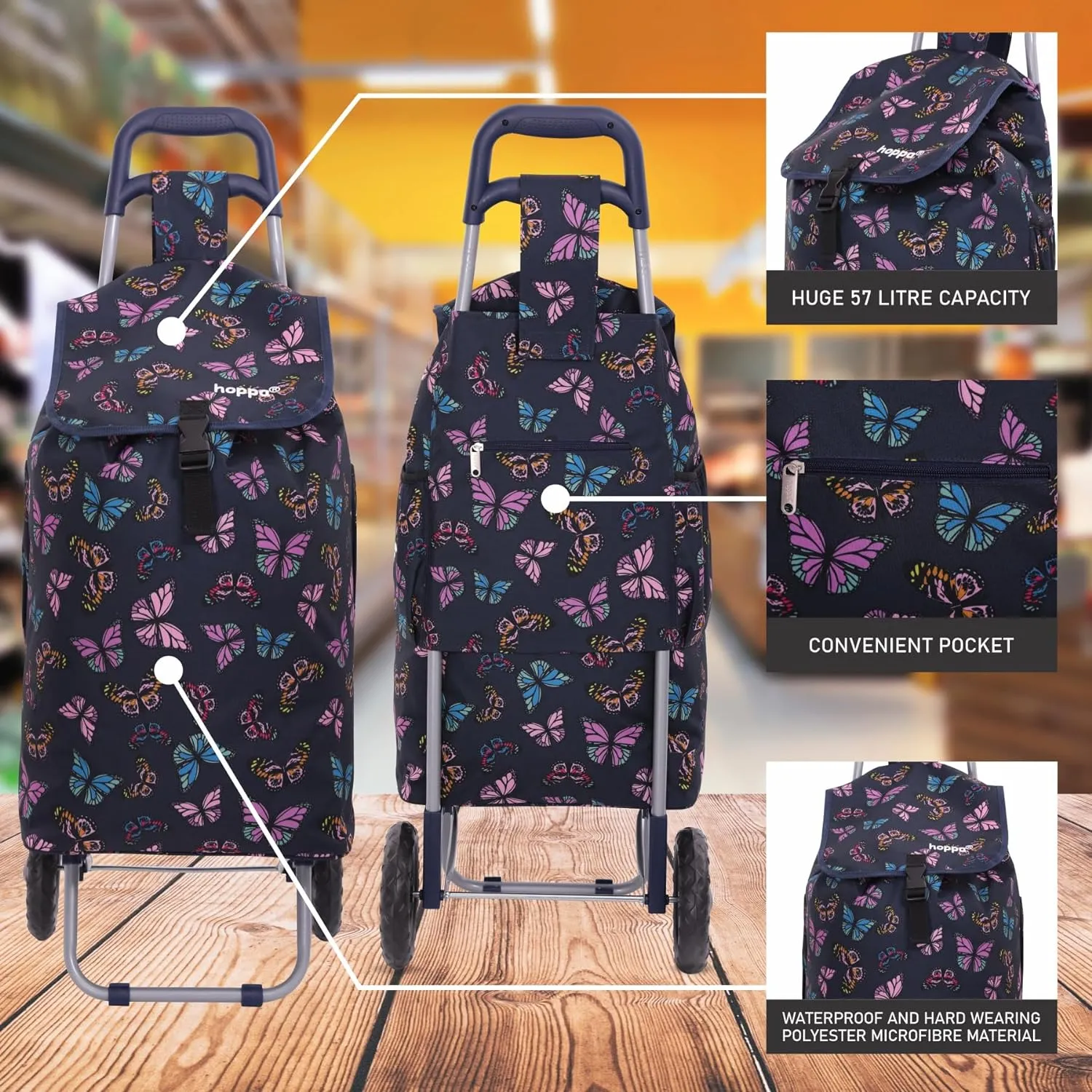Hoppa 57Ltr Lightweight Shopping Trolley 2024 model, Hard Wearing & Foldaway Push/Pull Cart for Easy Storage With 1 Year Guarantee