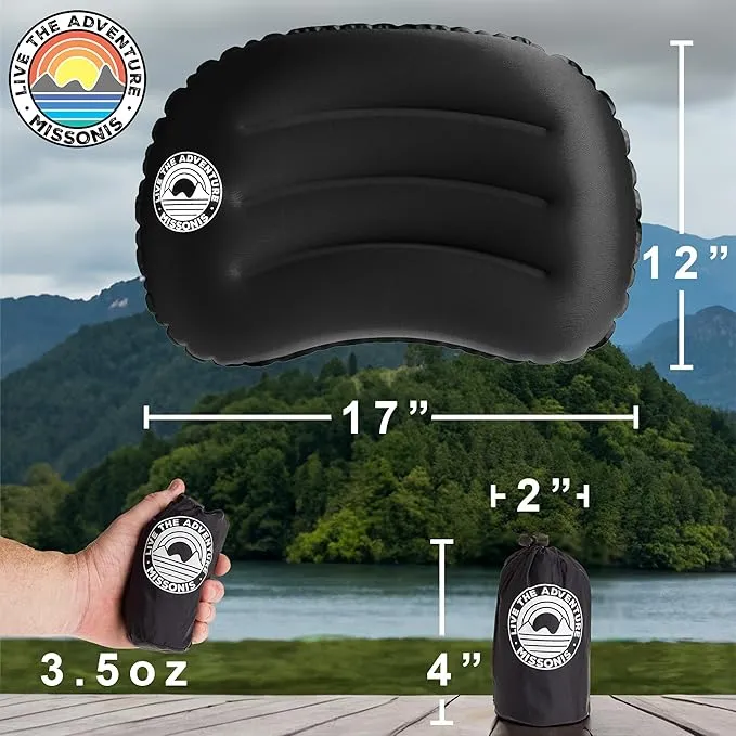 Inflatable pillow, lightweight, compact, compressible, waterproof, comfortable for sleeping while backpacking, hiking, traveling outdoor adventure. (Black)