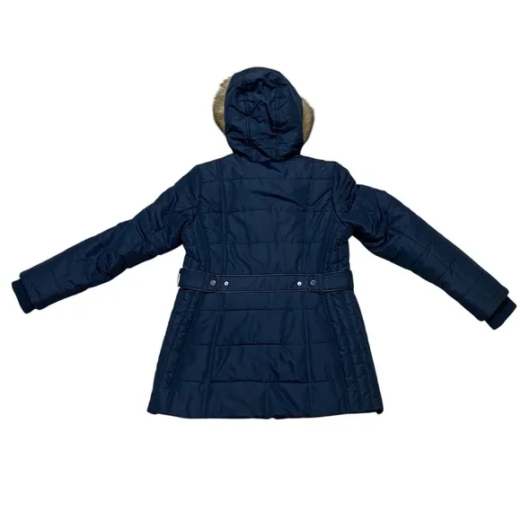 International Details Puffer Hooded Faux Fur Jacket Navy Blue