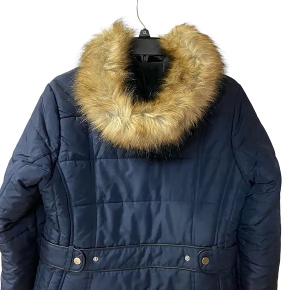 International Details Puffer Hooded Faux Fur Jacket Navy Blue