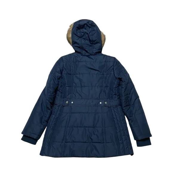International Details Puffer Hooded Faux Fur Jacket Navy Blue