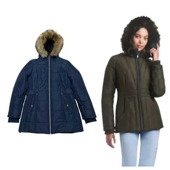 International Details Puffer Hooded Faux Fur Jacket Navy Blue