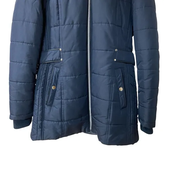 International Details Puffer Hooded Faux Fur Jacket Navy Blue