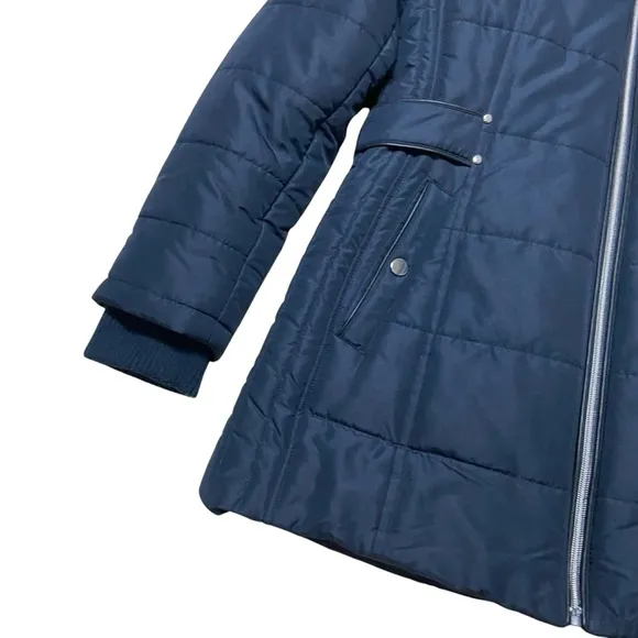 International Details Puffer Hooded Faux Fur Jacket Navy Blue