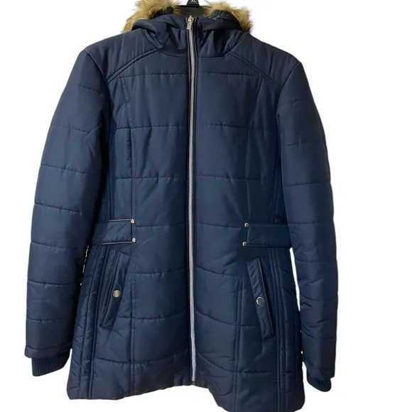 International Details Puffer Hooded Faux Fur Jacket Navy Blue