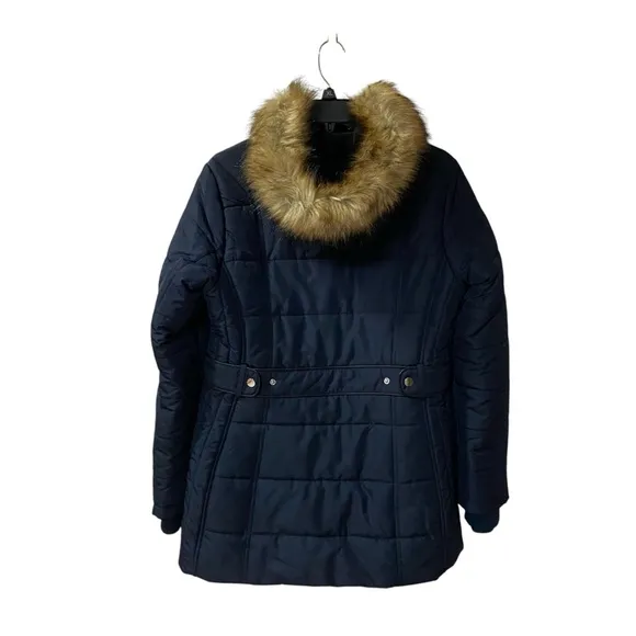 International Details Puffer Hooded Faux Fur Jacket Navy Blue