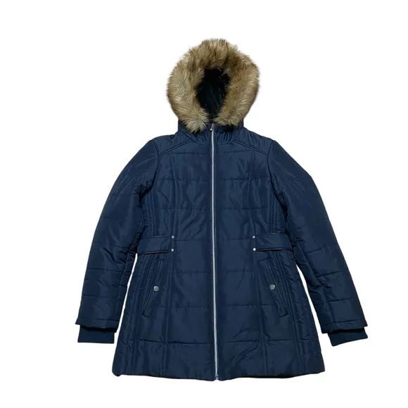 International Details Puffer Hooded Faux Fur Jacket Navy Blue
