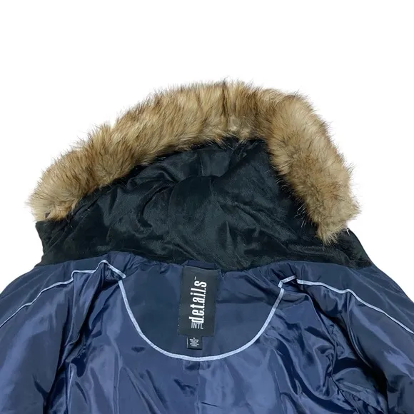 International Details Puffer Hooded Faux Fur Jacket Navy Blue