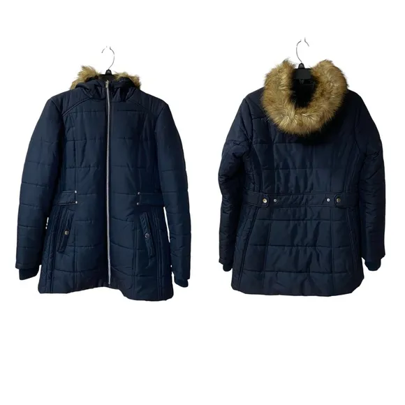 International Details Puffer Hooded Faux Fur Jacket Navy Blue