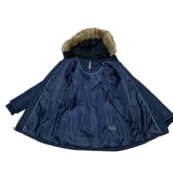 International Details Puffer Hooded Faux Fur Jacket Navy Blue