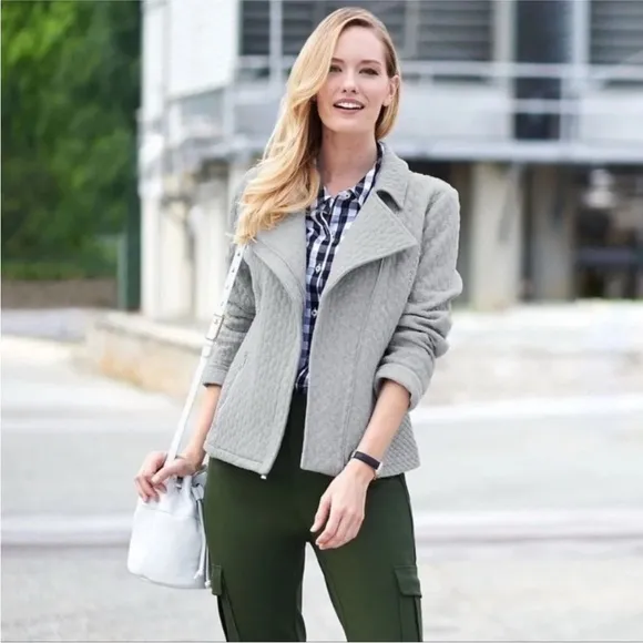 ISAAC MIZRAHI Live! Grey Mixed Quilted Motorcycle Jacket - Large