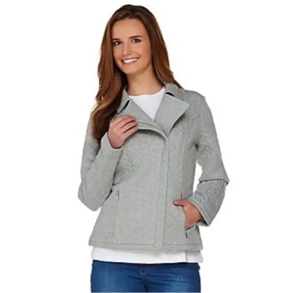 ISAAC MIZRAHI Live! Grey Mixed Quilted Motorcycle Jacket - Large