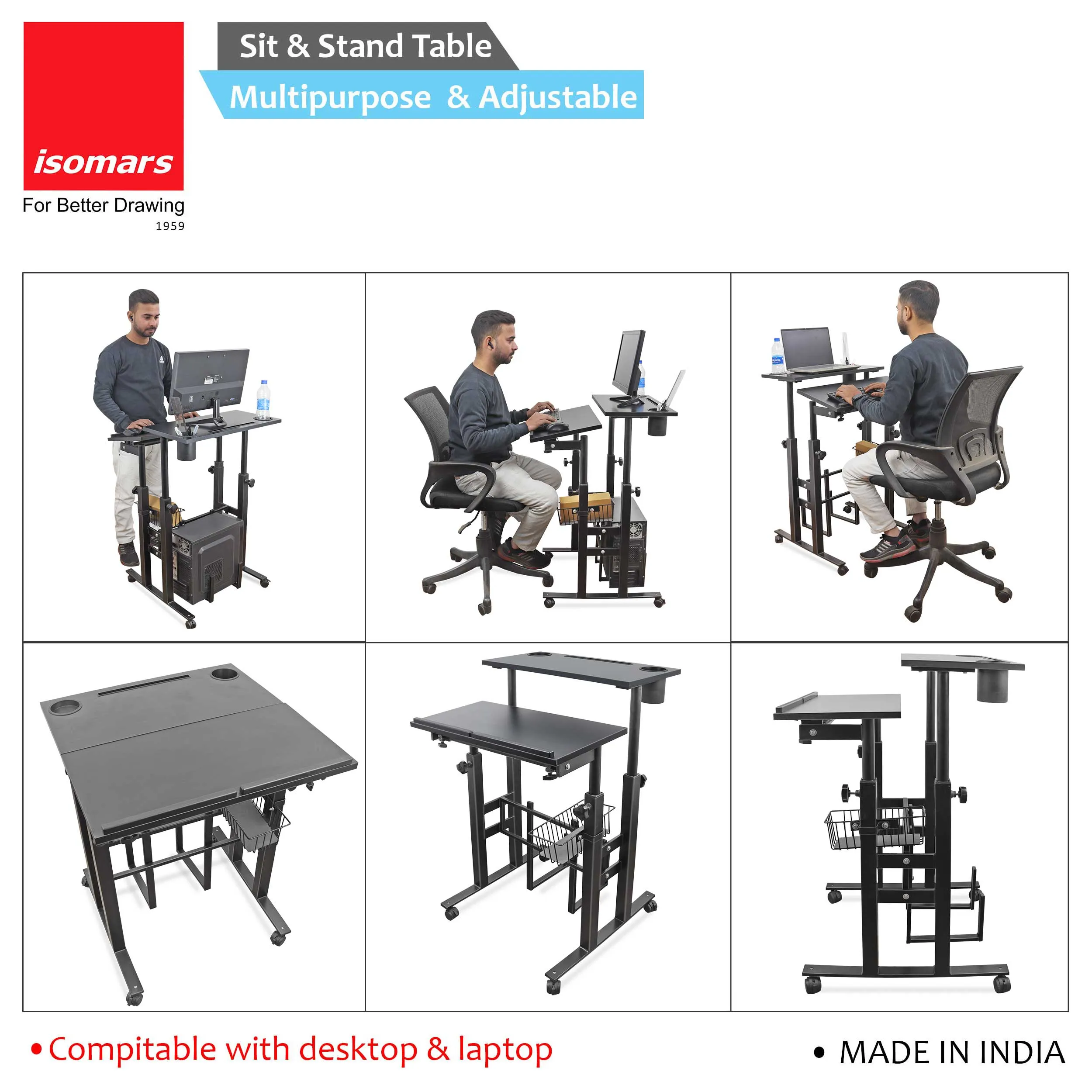Isomars 24"/61cm Wide Made In India Desktop & Laptop Multipurpose Adjustable Table & Computer Workstation - Useful for Using Gadgets Like Desktop, Laptop, Tab/iPad, Mobile Phone etc (Black)