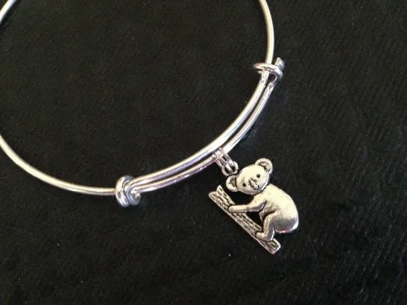 Koala Bear on Expandable Adjustable Silver Wire Bangle Gift Trendy Unique Bracelet Trendy Fun Unique Handmade Made in USA