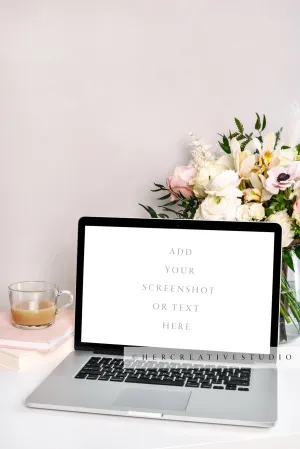 Laptop, Coffee & Flowers on White Workspace, Styled Stock Image